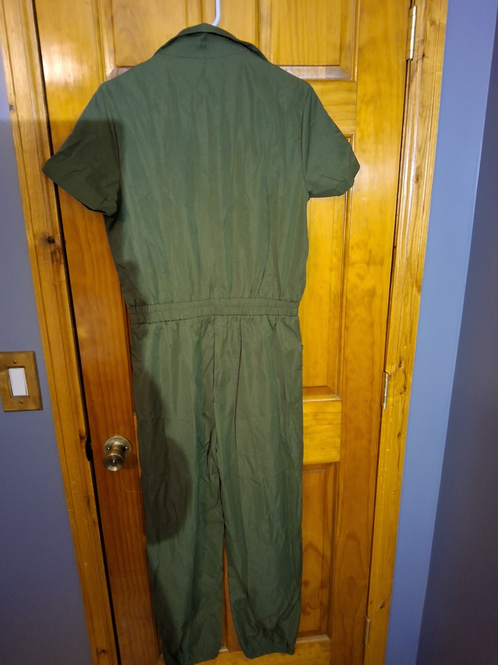 Women's Short-Sleeve Olive Green Jumpsuit - Picture 3 of 3